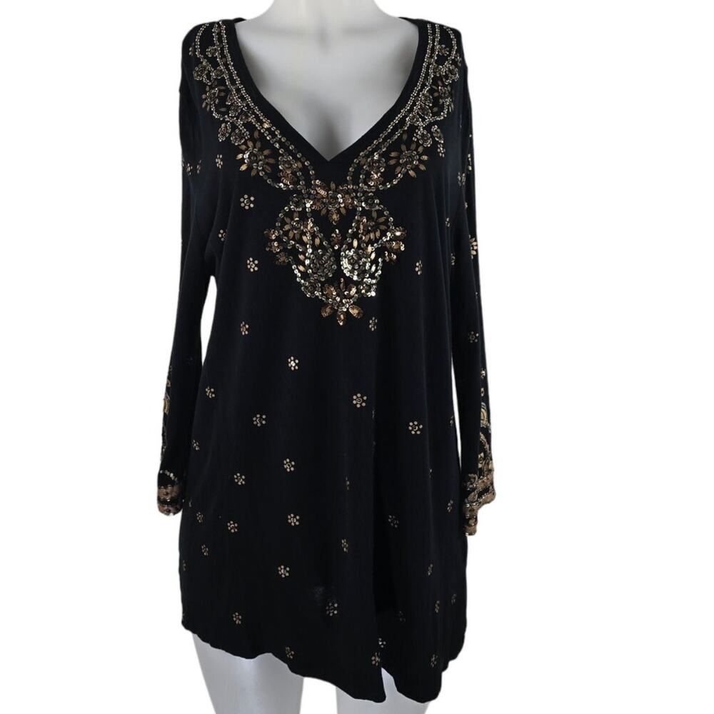 Chico's Black Gold Bronze Sequenced V-Neck Women's  Blouse 3 - L